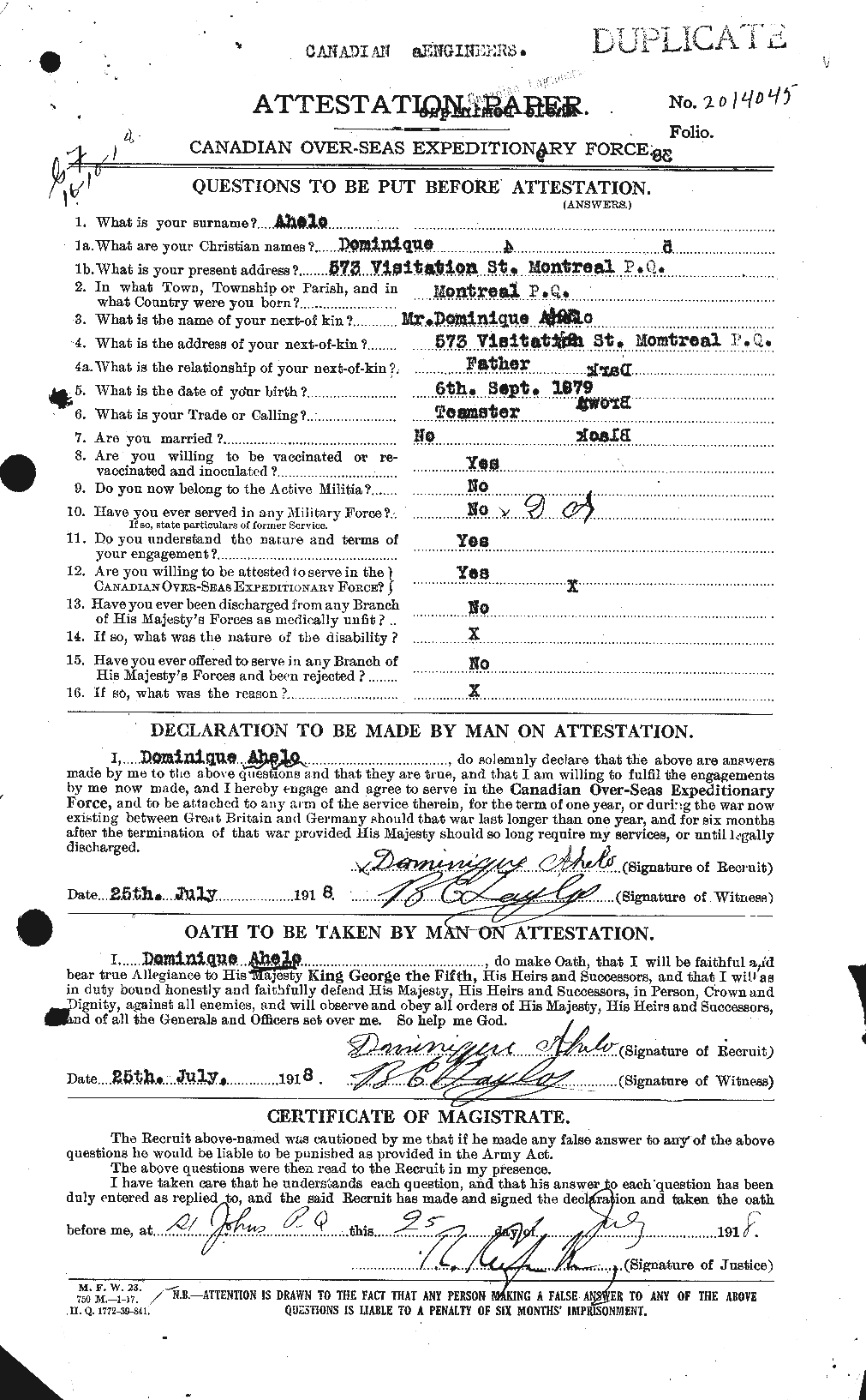 Dossiers du Personnel de la Première Guerre mondiale - CEC 203851a