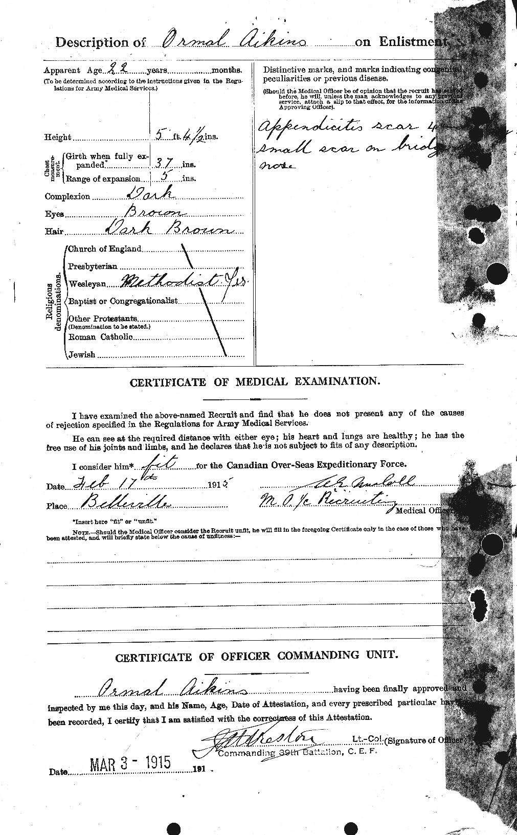 Dossiers du Personnel de la Première Guerre mondiale - CEC 204184b