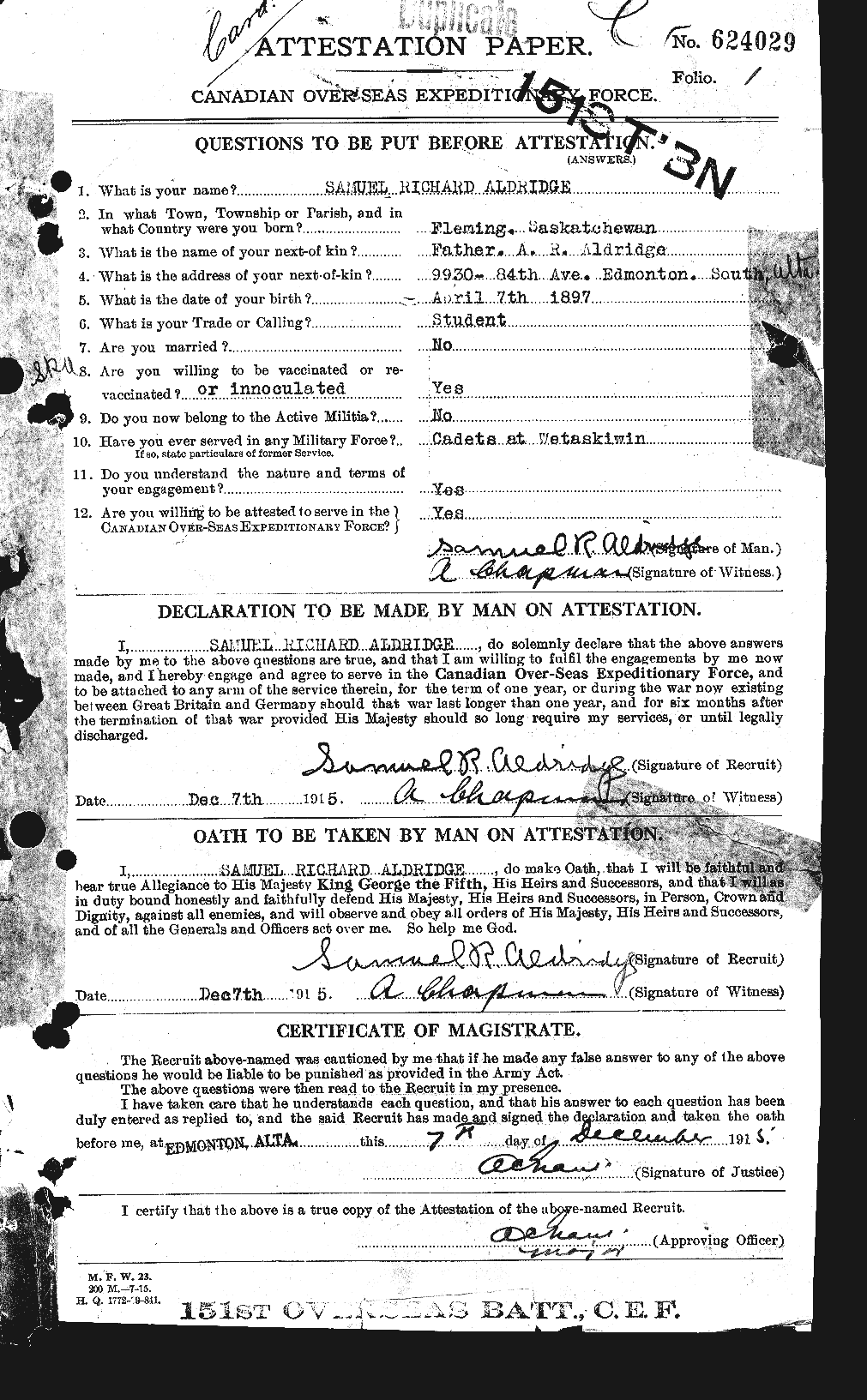 Dossiers du Personnel de la Première Guerre mondiale - CEC 205378a