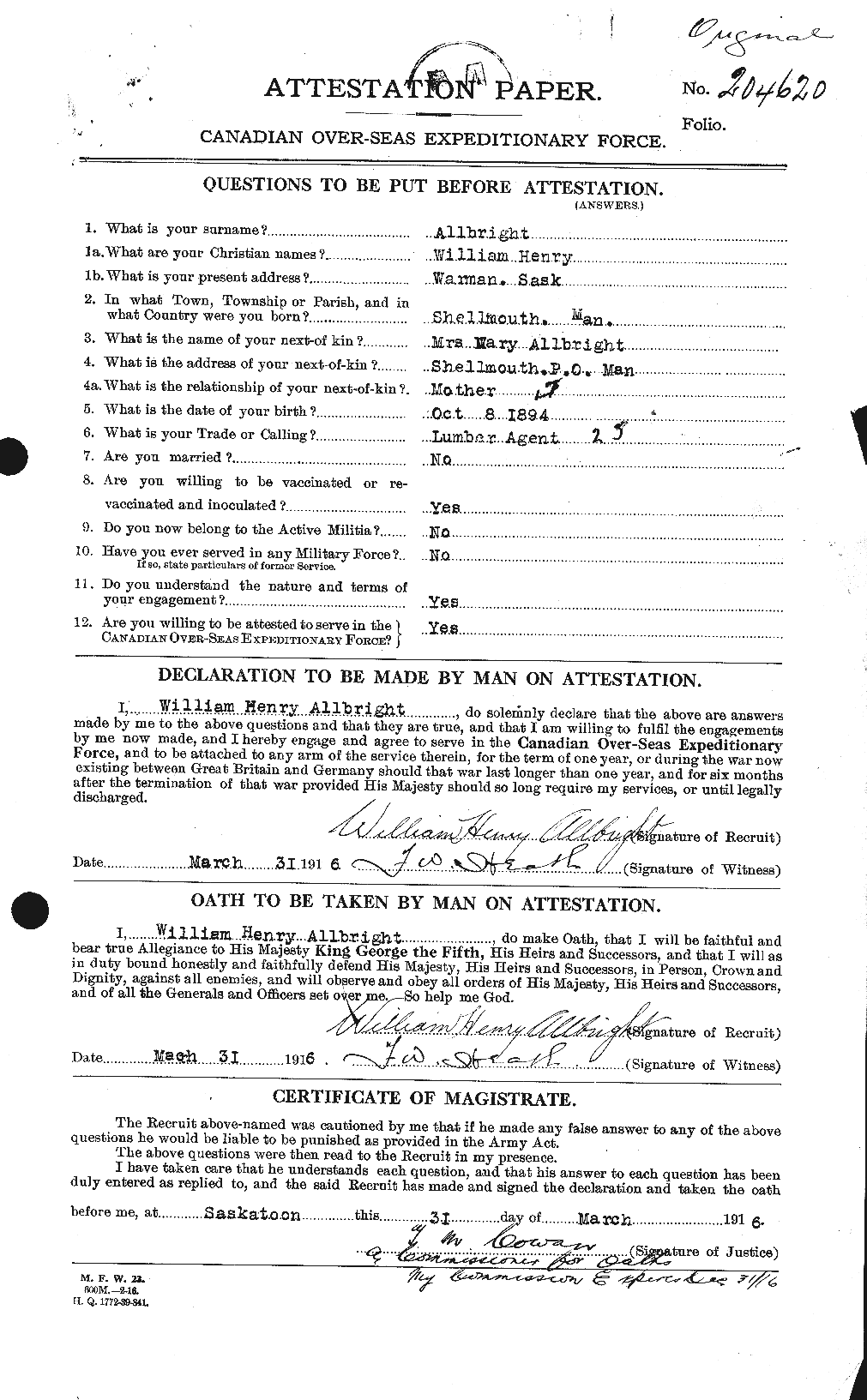 Dossiers du Personnel de la Première Guerre mondiale - CEC 205676a