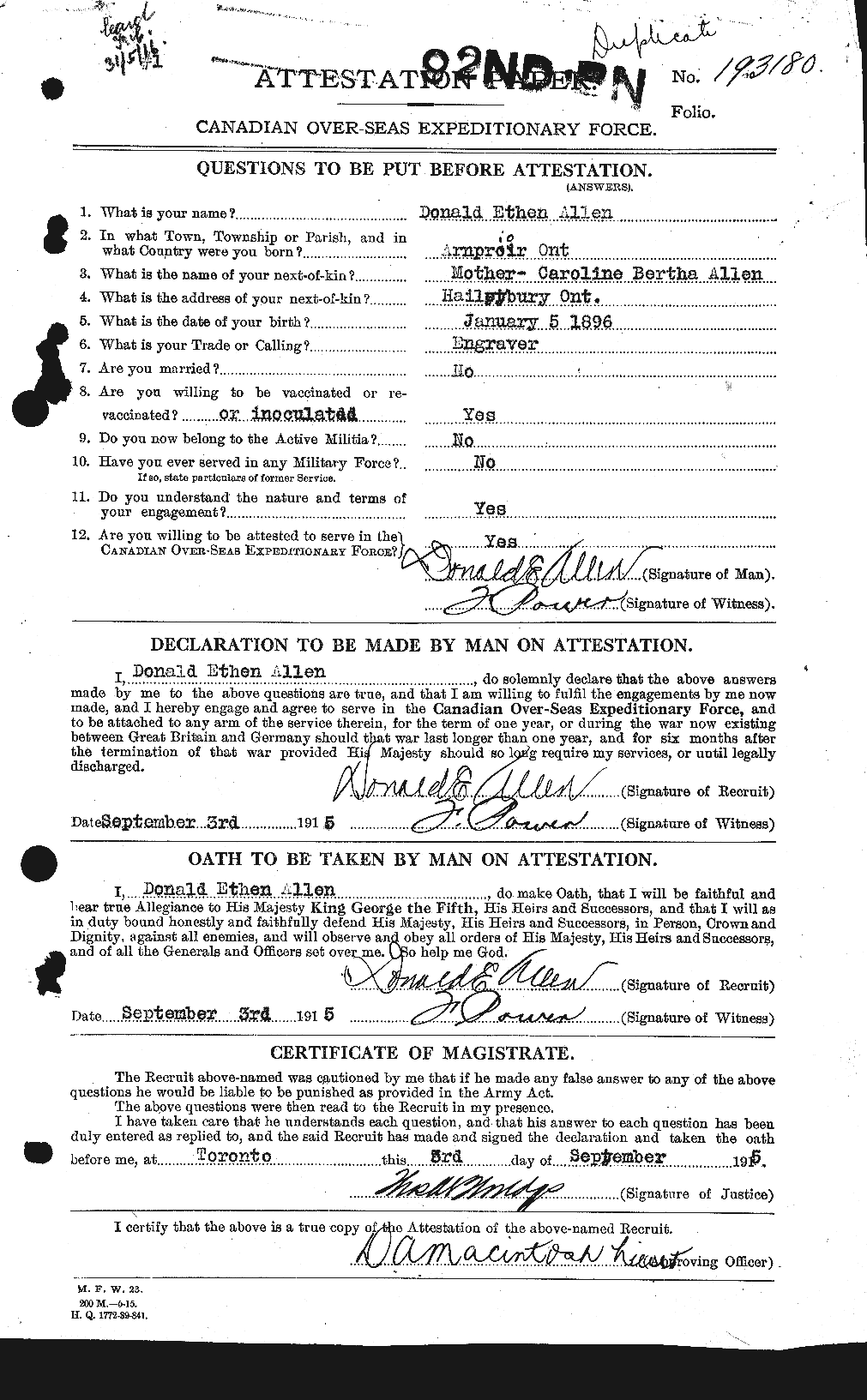 Dossiers du Personnel de la Première Guerre mondiale - CEC 206111a