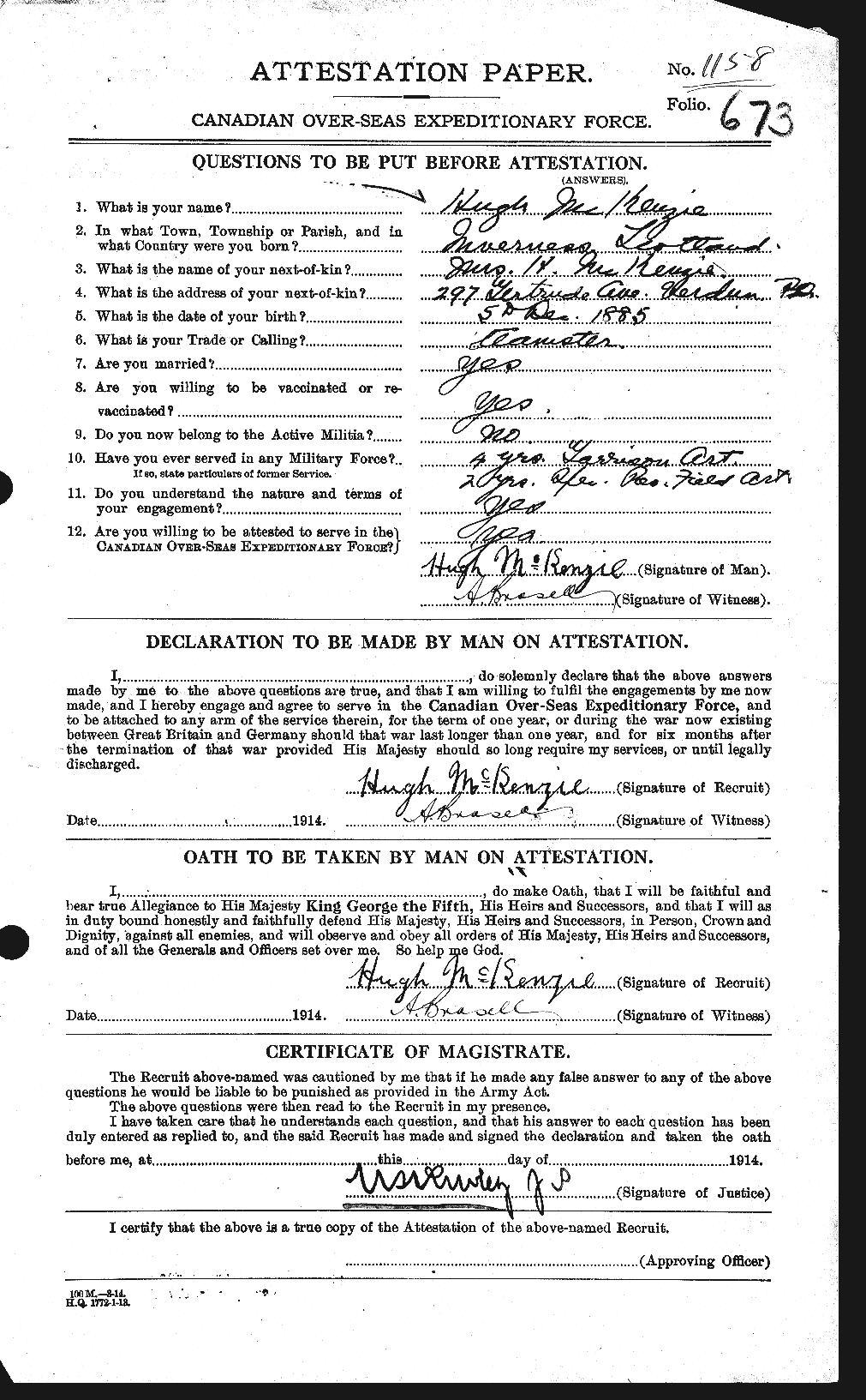Dossiers du Personnel de la Première Guerre mondiale - CEC 206292a