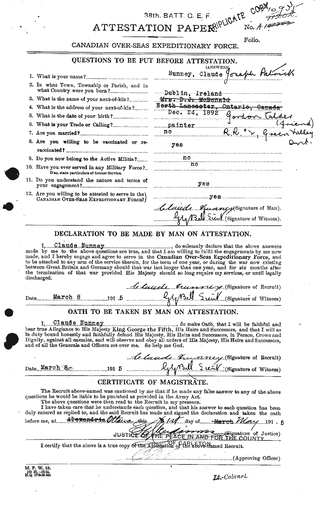 Dossiers du Personnel de la Première Guerre mondiale - CEC 206299a