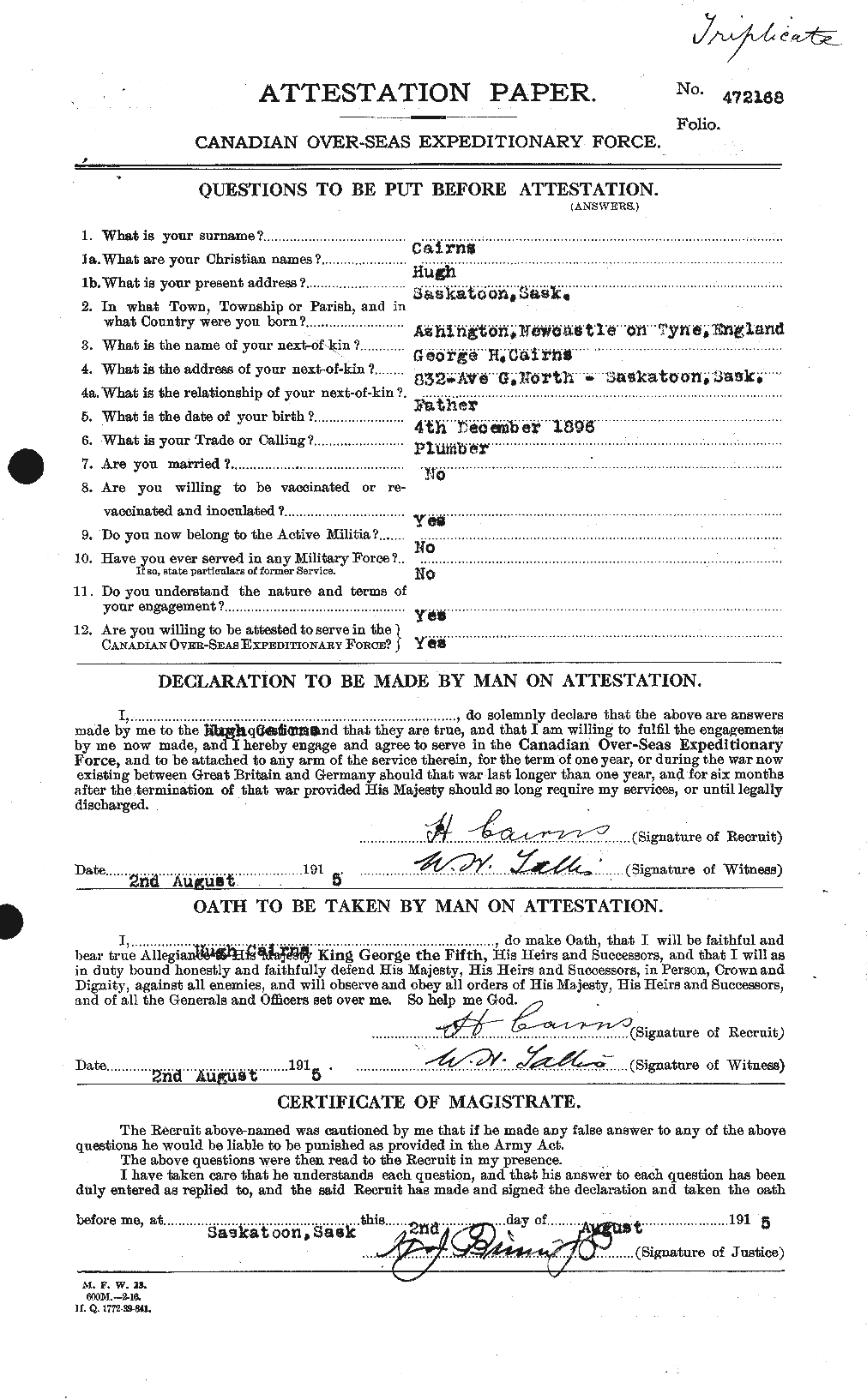 Dossiers du Personnel de la Première Guerre mondiale - CEC 206302a