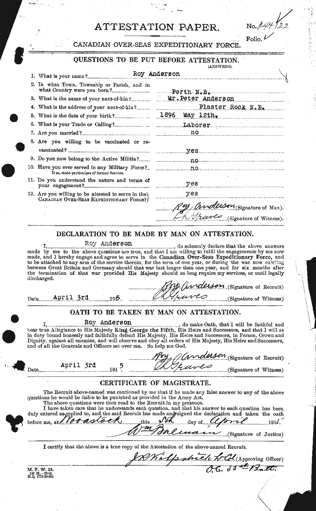 Dossiers du Personnel de la Première Guerre mondiale - CEC 207201a