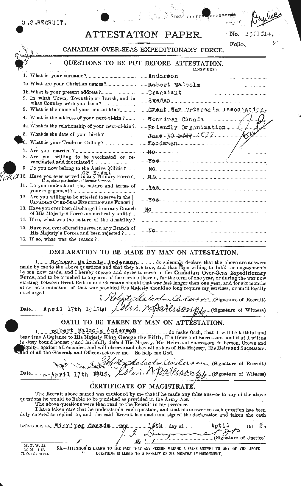 Dossiers du Personnel de la Première Guerre mondiale - CEC 207234a