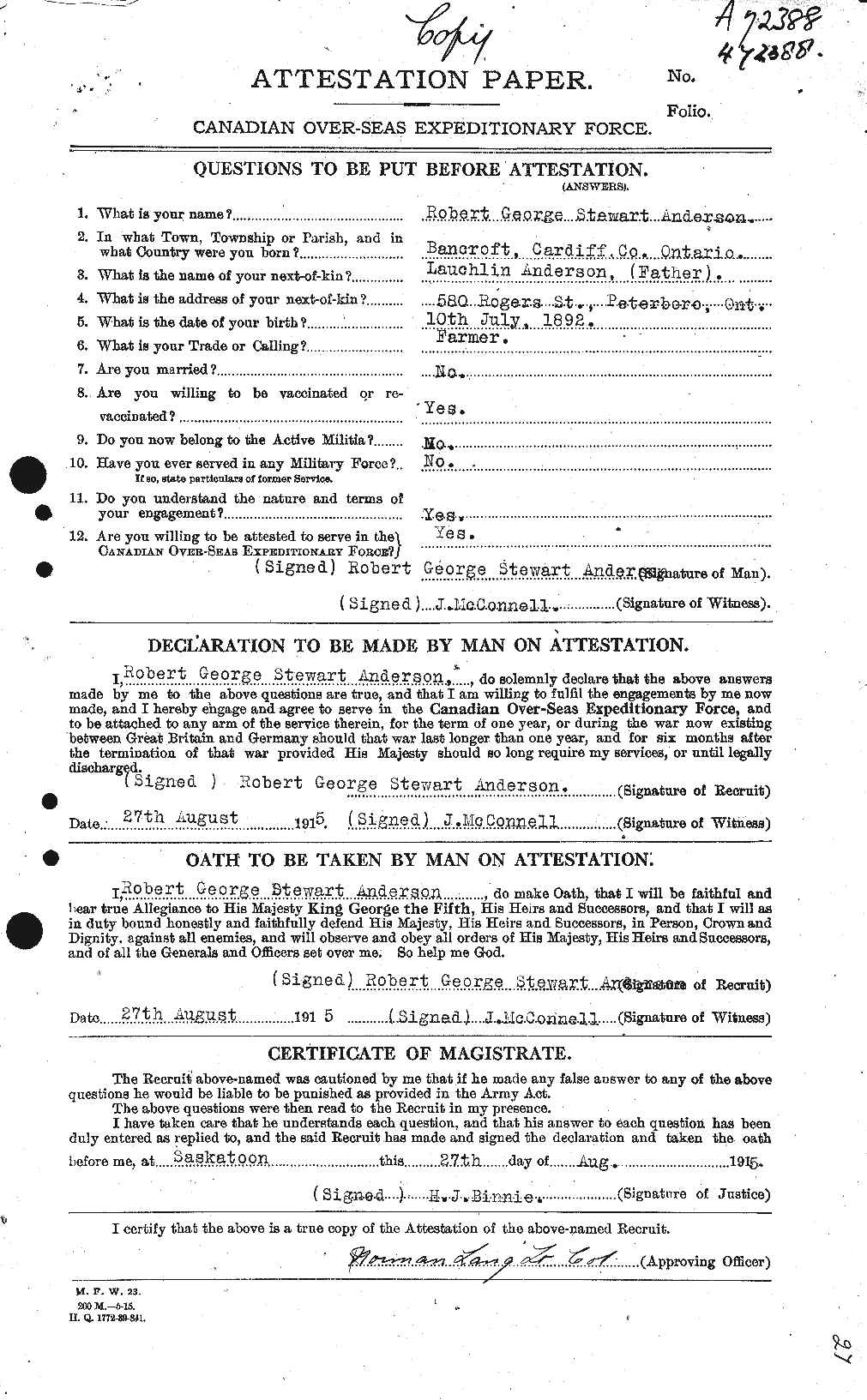Dossiers du Personnel de la Première Guerre mondiale - CEC 207253a