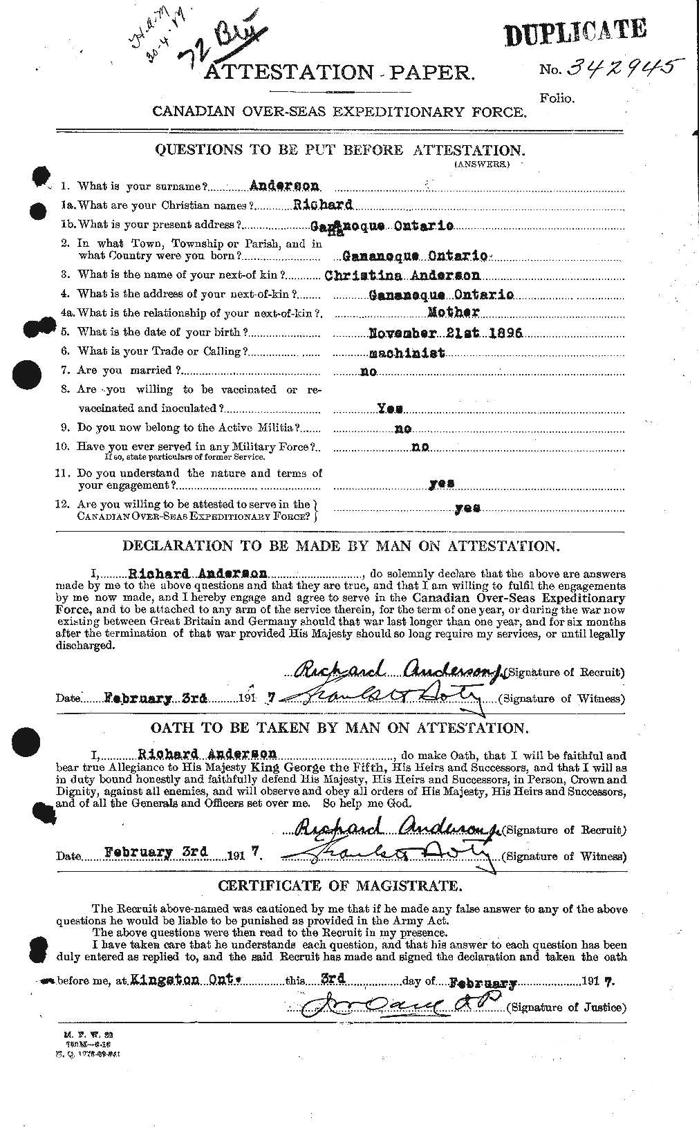 Dossiers du Personnel de la Première Guerre mondiale - CEC 207320a