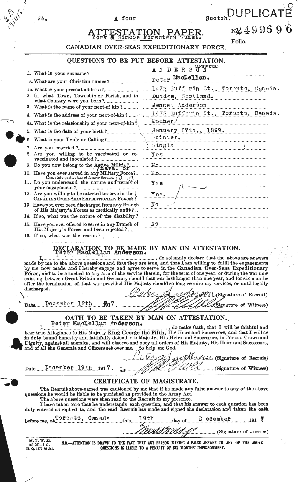 Dossiers du Personnel de la Première Guerre mondiale - CEC 207343a