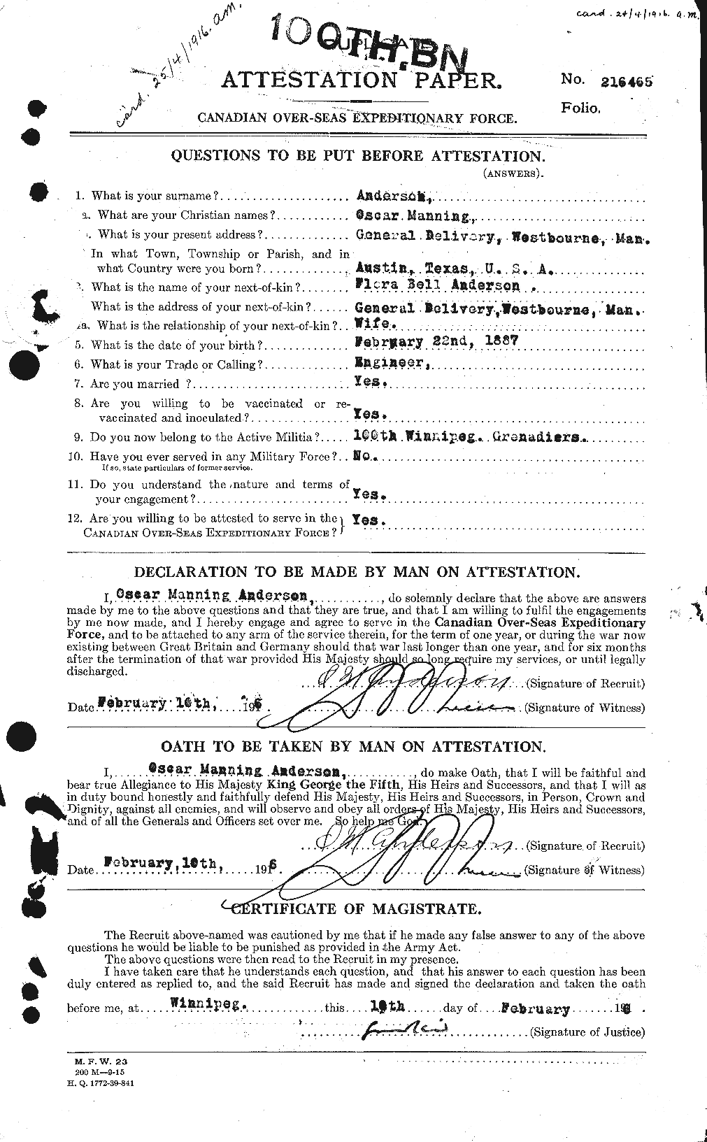 Dossiers du Personnel de la Première Guerre mondiale - CEC 207376a