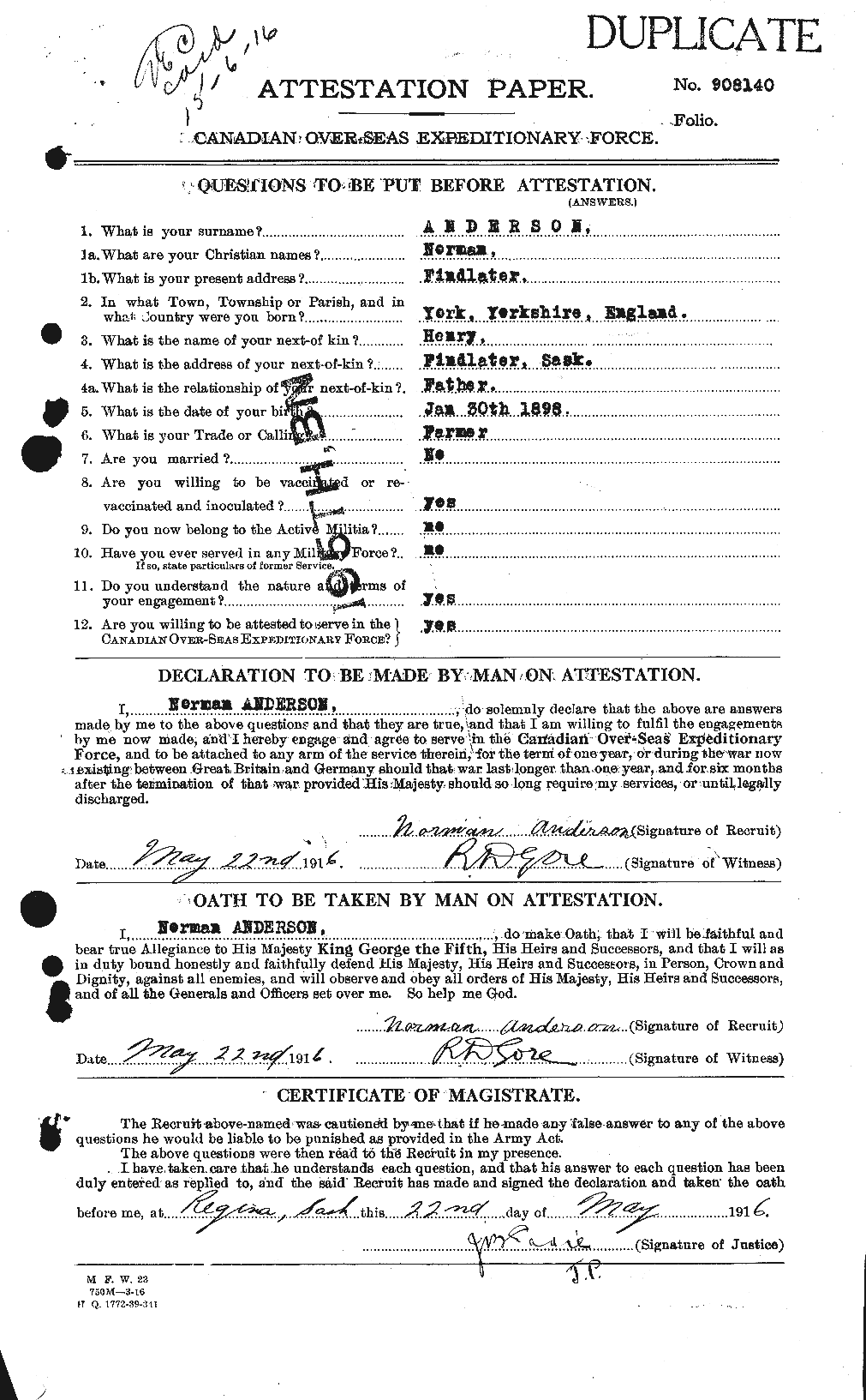 Dossiers du Personnel de la Première Guerre mondiale - CEC 207419a