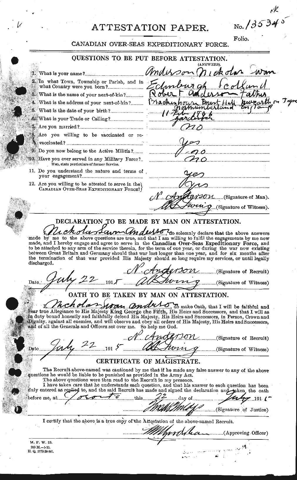 Dossiers du Personnel de la Première Guerre mondiale - CEC 207422a