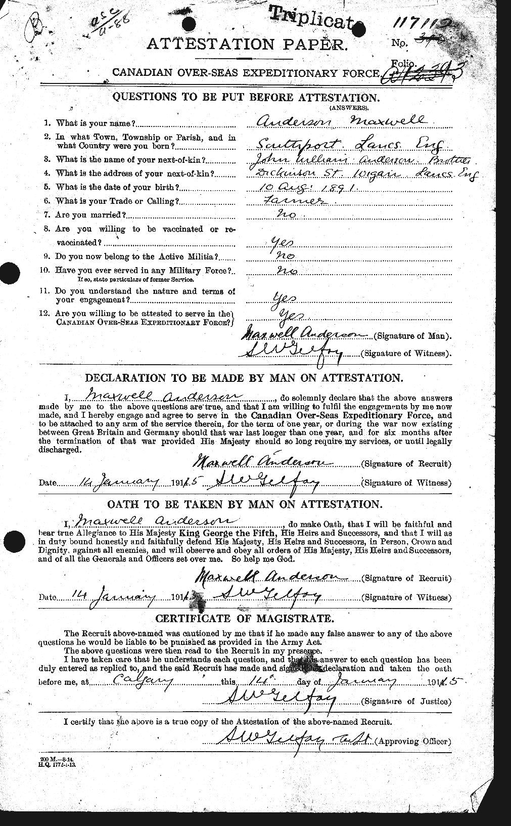 Dossiers du Personnel de la Première Guerre mondiale - CEC 207462a