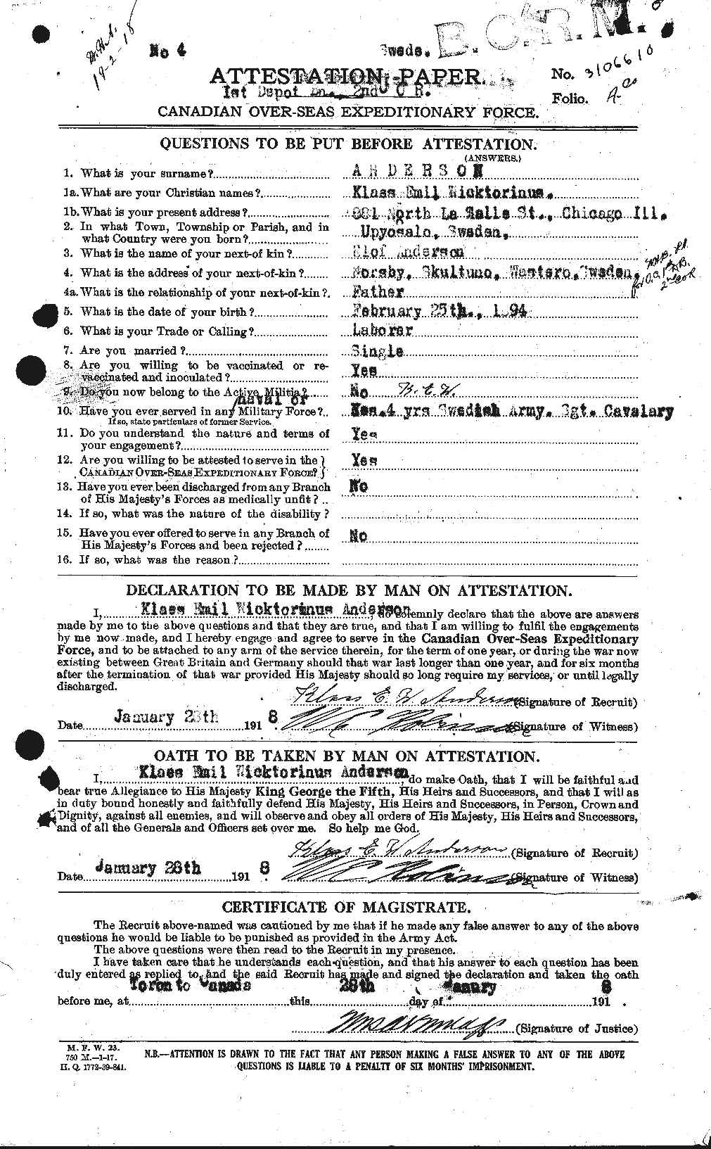 Dossiers du Personnel de la Première Guerre mondiale - CEC 207538a