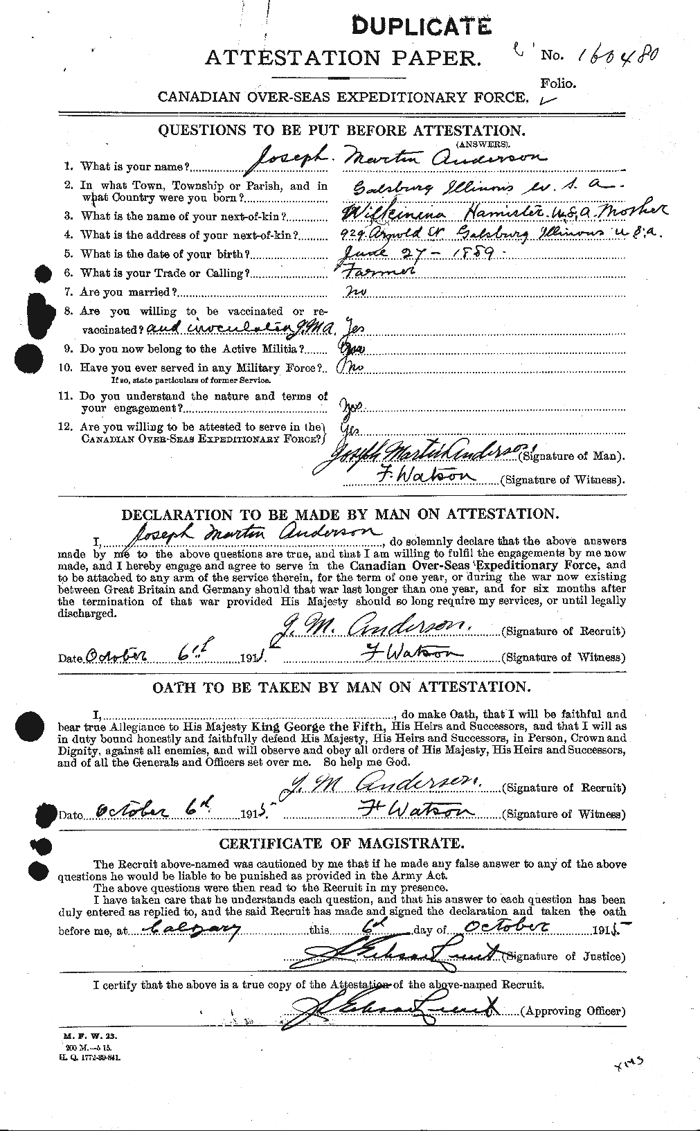 Dossiers du Personnel de la Première Guerre mondiale - CEC 207560a