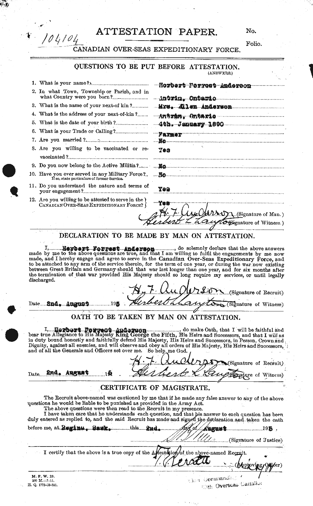 Dossiers du Personnel de la Première Guerre mondiale - CEC 207972a