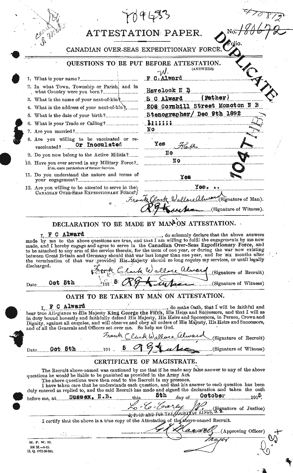 Dossiers du Personnel de la Première Guerre mondiale - CEC 208046a