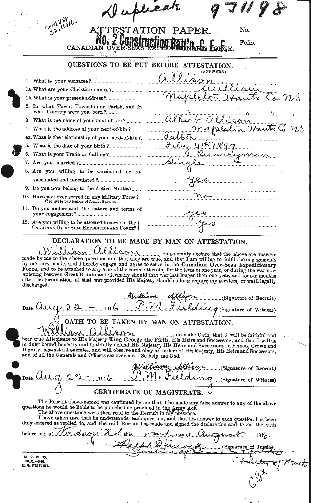 Dossiers du Personnel de la Première Guerre mondiale - CEC 208457a