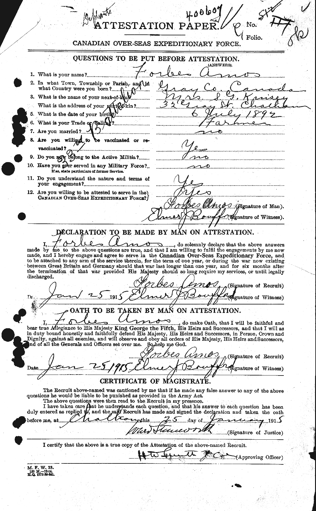 Dossiers du Personnel de la Première Guerre mondiale - CEC 208669a
