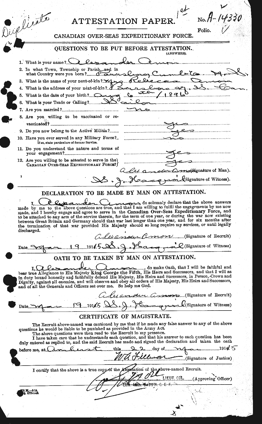 Dossiers du Personnel de la Première Guerre mondiale - CEC 208702a