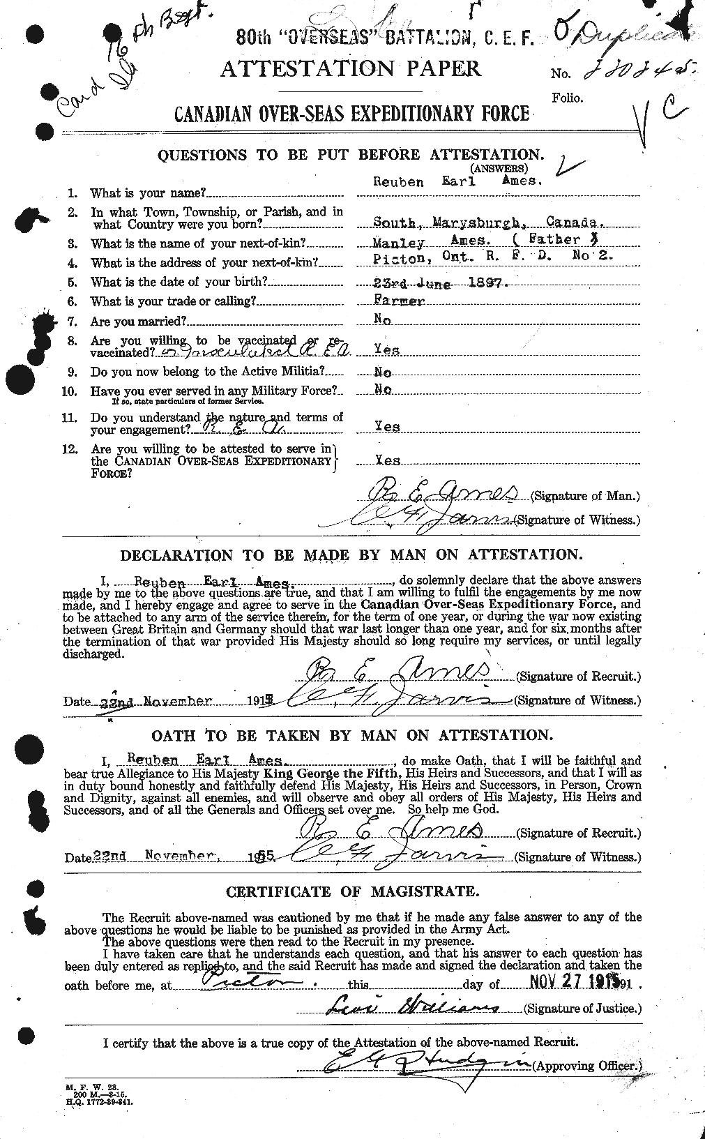 Dossiers du Personnel de la Première Guerre mondiale - CEC 208828a