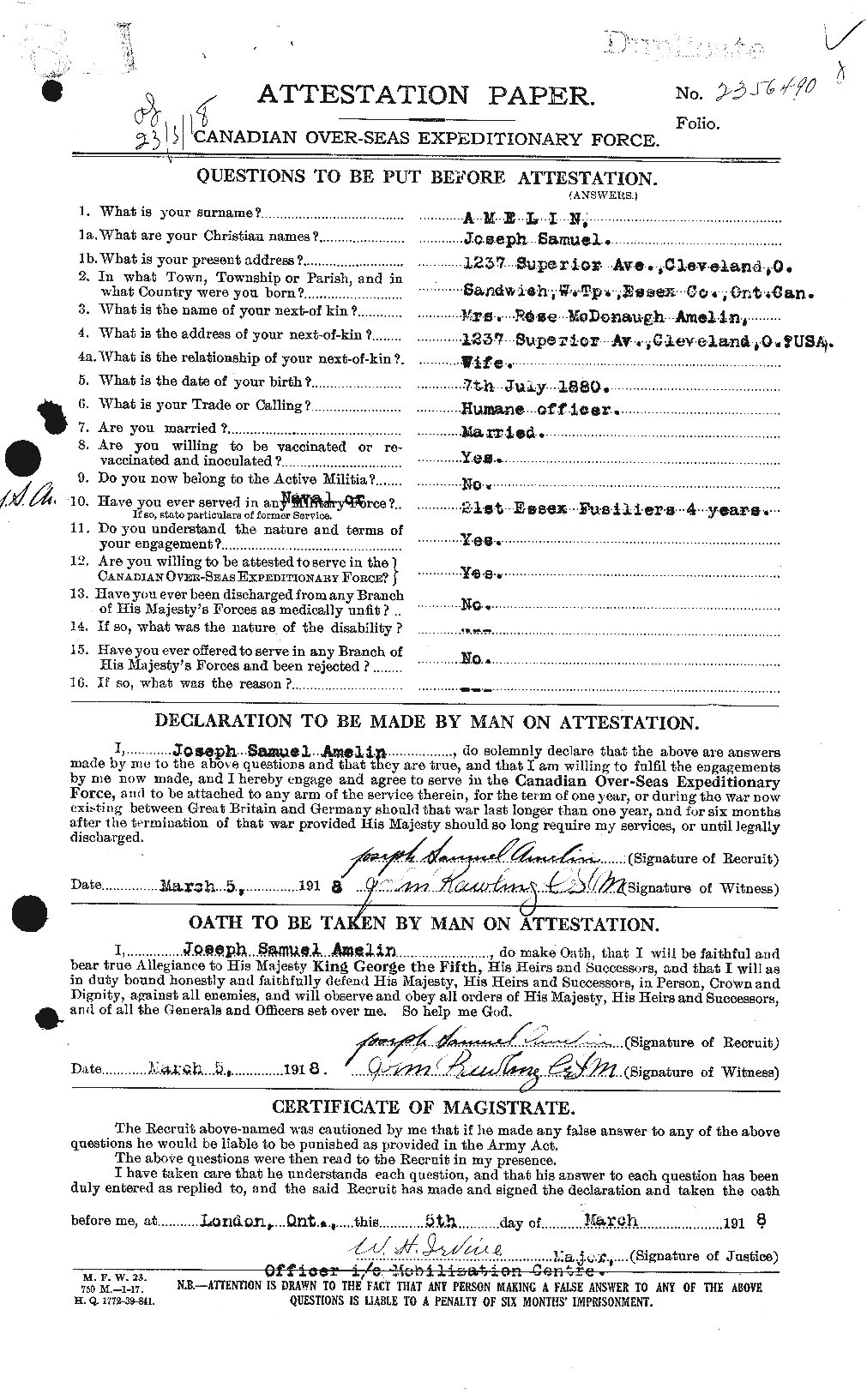 Dossiers du Personnel de la Première Guerre mondiale - CEC 208906a