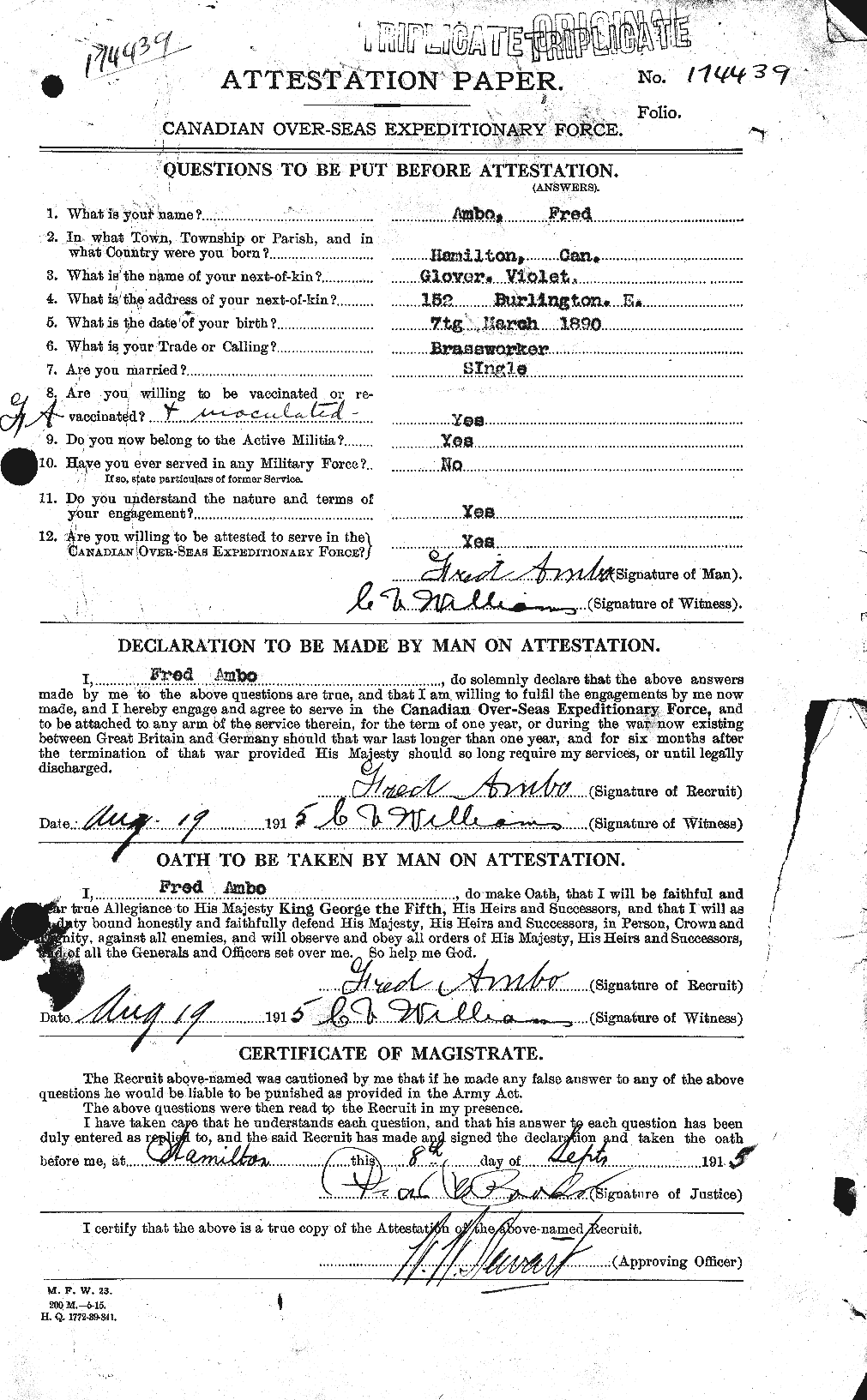 Dossiers du Personnel de la Première Guerre mondiale - CEC 208964a