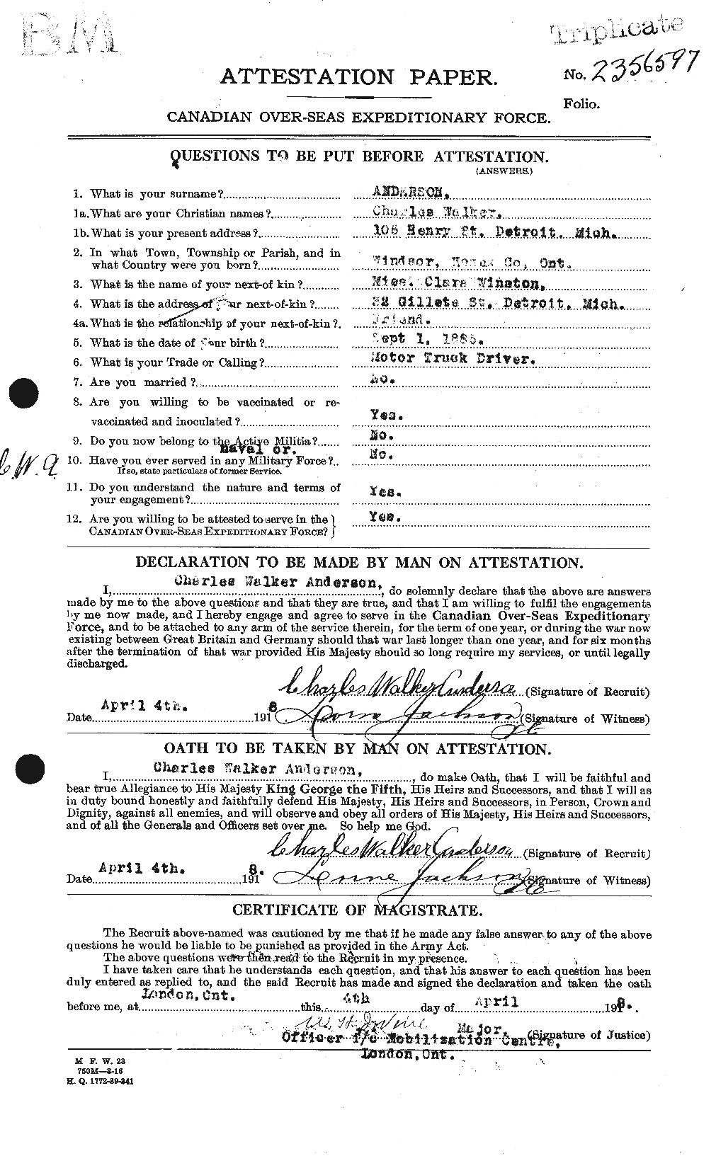 Dossiers du Personnel de la Première Guerre mondiale - CEC 209226a