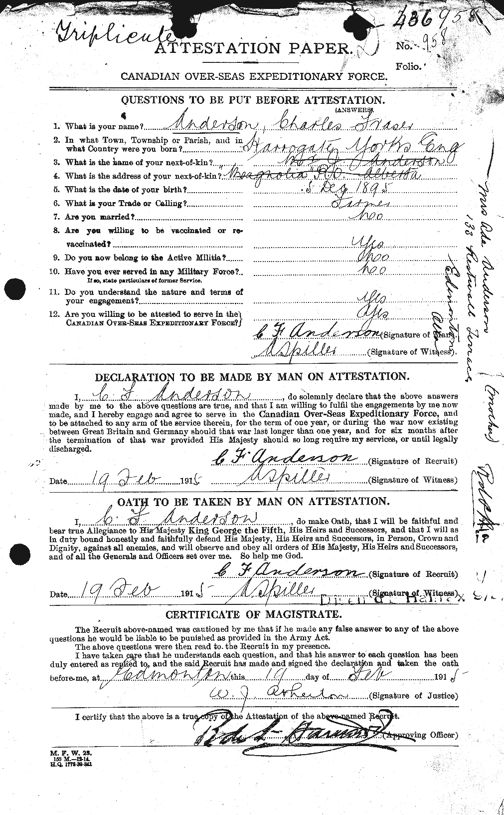 Dossiers du Personnel de la Première Guerre mondiale - CEC 209240a