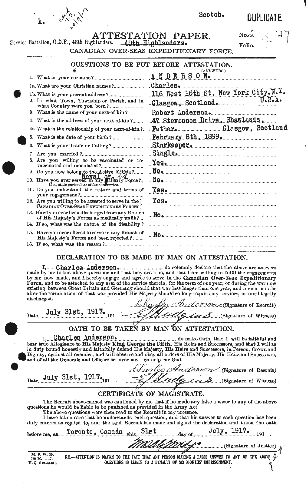 Dossiers du Personnel de la Première Guerre mondiale - CEC 209264a