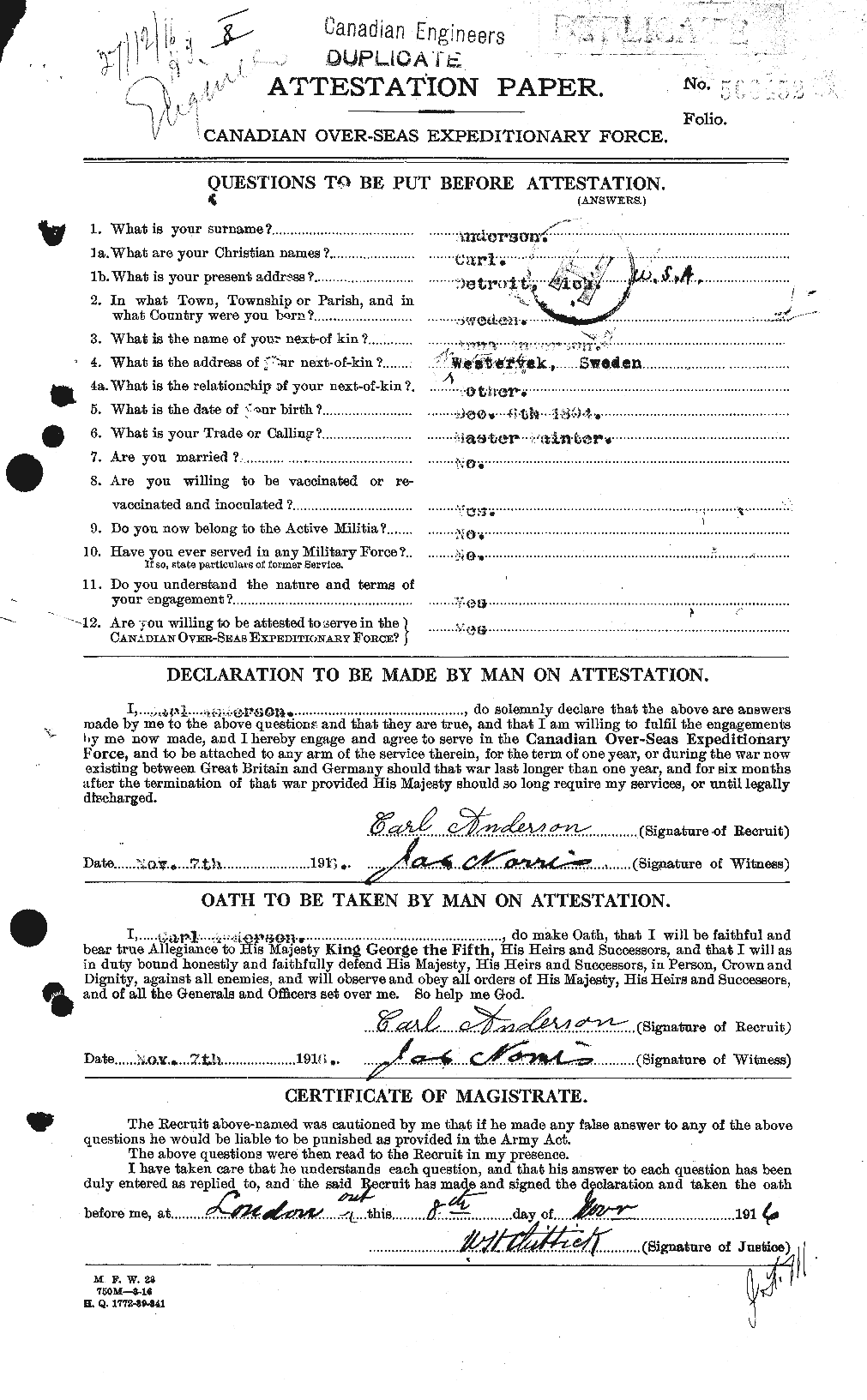 Dossiers du Personnel de la Première Guerre mondiale - CEC 209295a