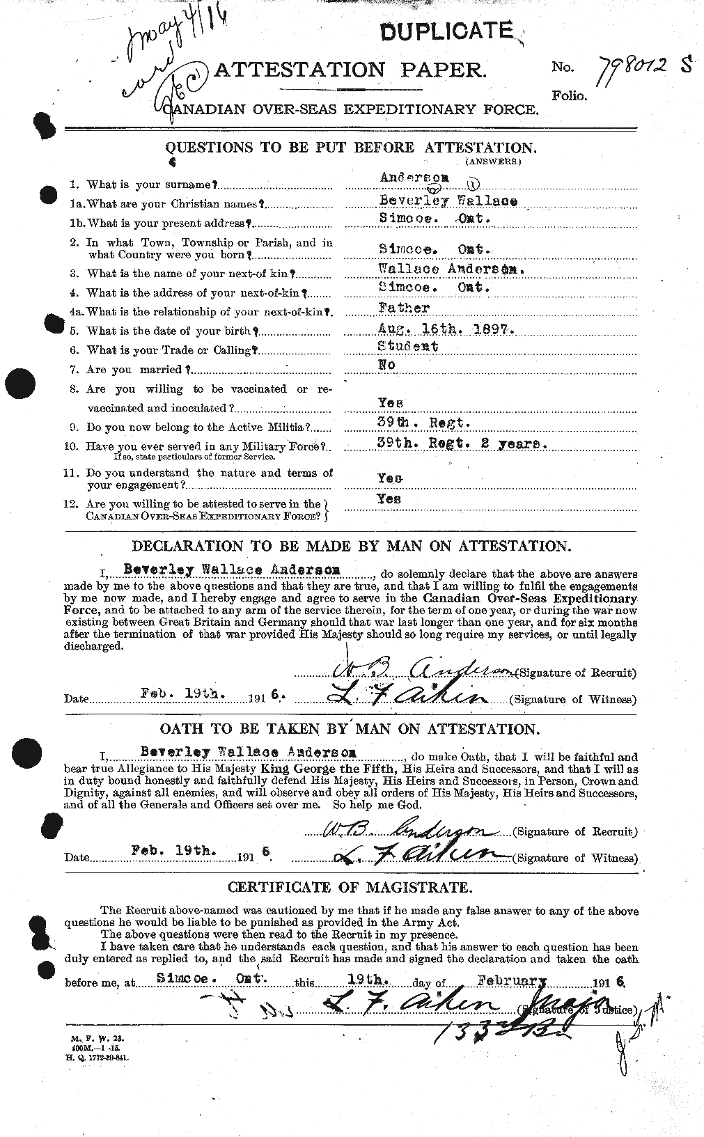 Dossiers du Personnel de la Première Guerre mondiale - CEC 209310a
