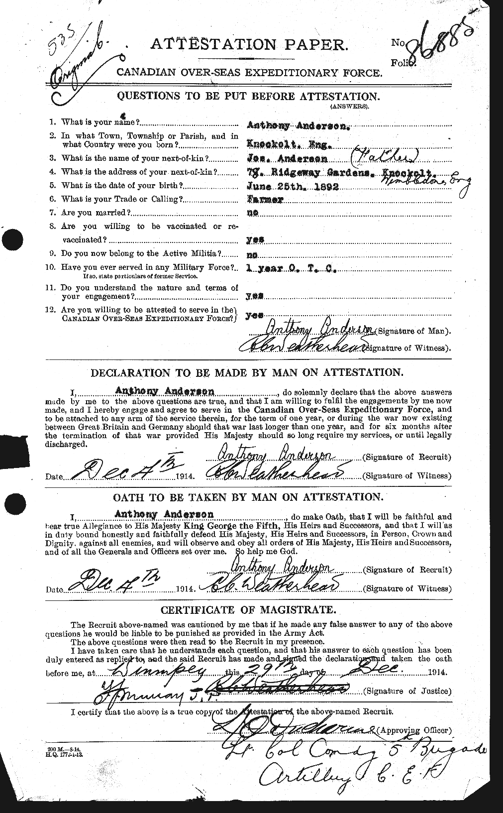 Dossiers du Personnel de la Première Guerre mondiale - CEC 209384a