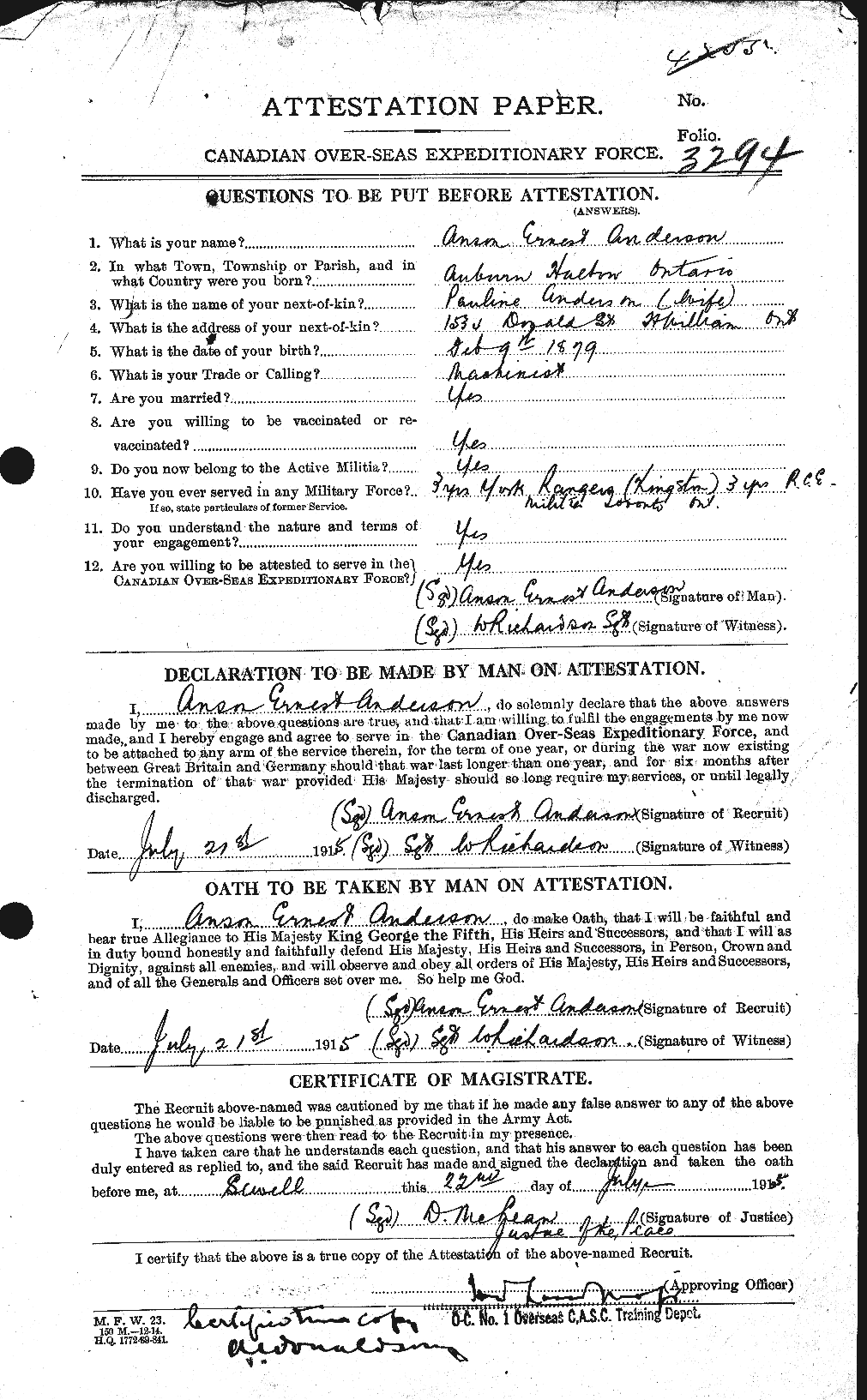 Dossiers du Personnel de la Première Guerre mondiale - CEC 209386a