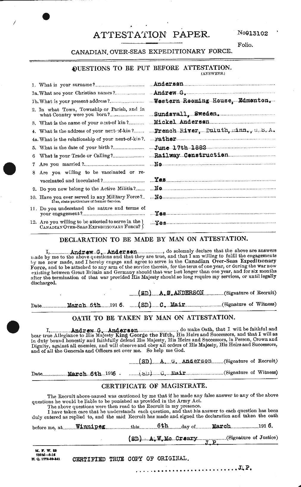 Dossiers du Personnel de la Première Guerre mondiale - CEC 209405a