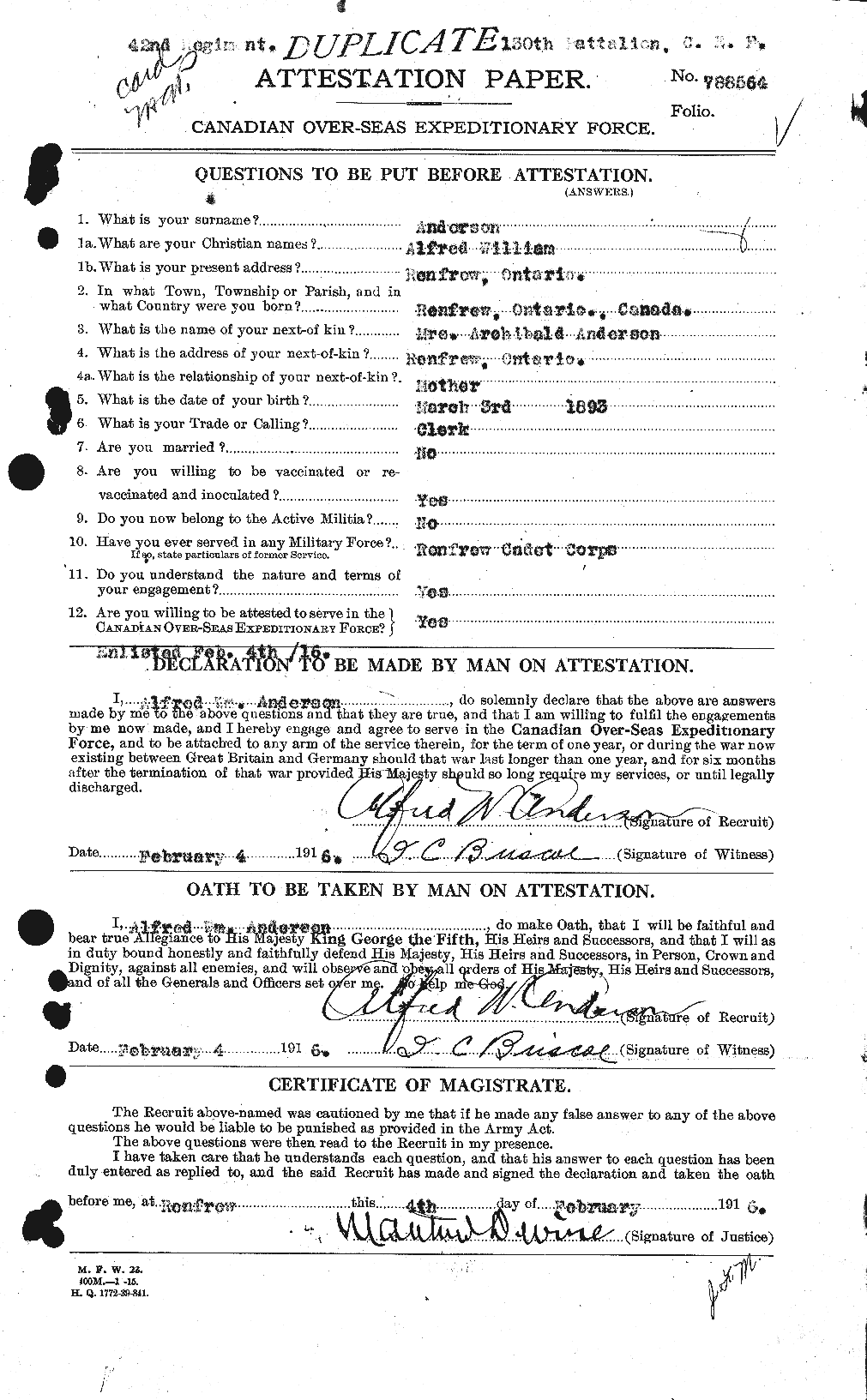 Dossiers du Personnel de la Première Guerre mondiale - CEC 209450a