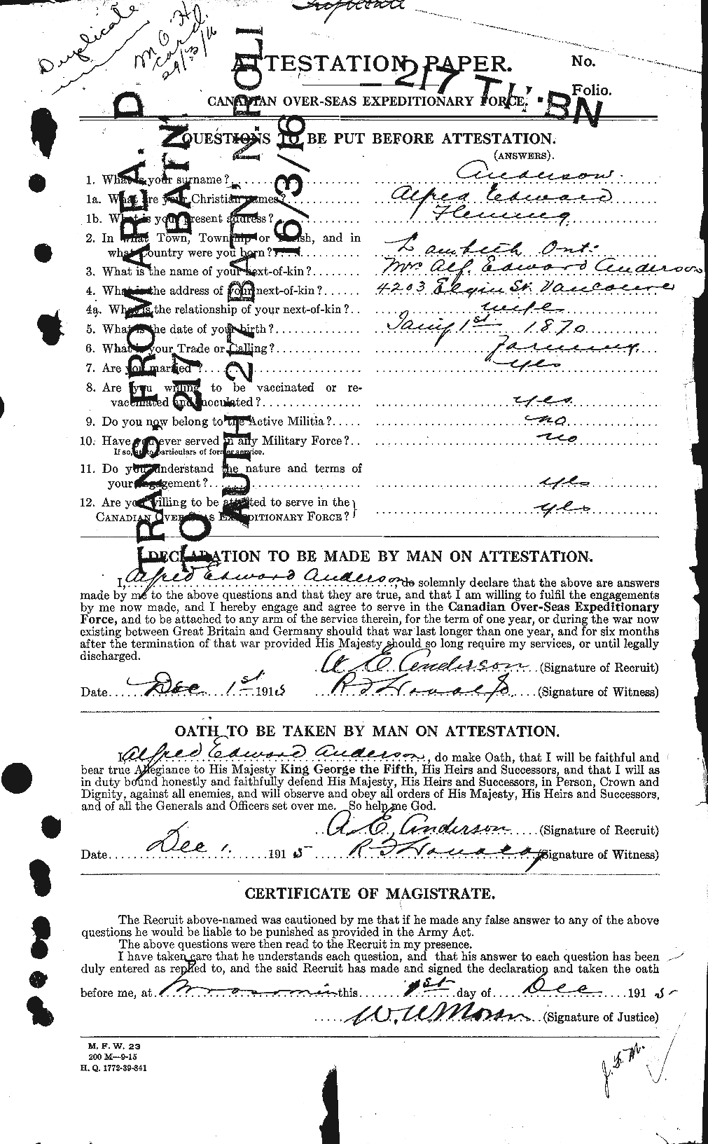 Dossiers du Personnel de la Première Guerre mondiale - CEC 209455a