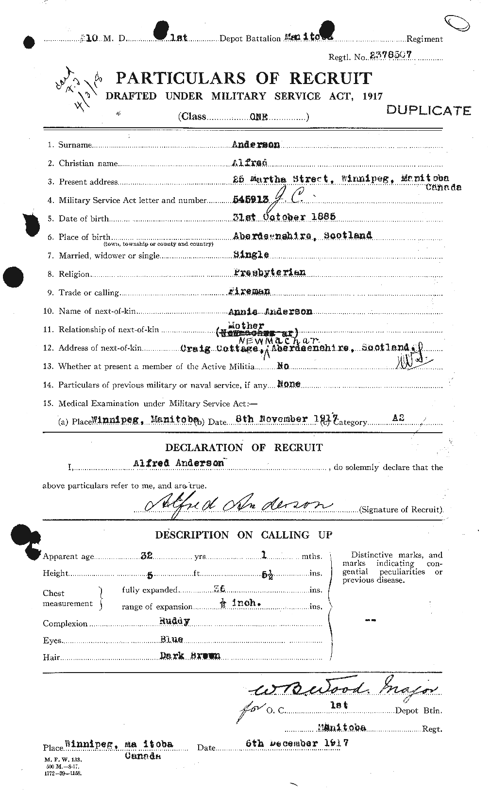 Dossiers du Personnel de la Première Guerre mondiale - CEC 209465a