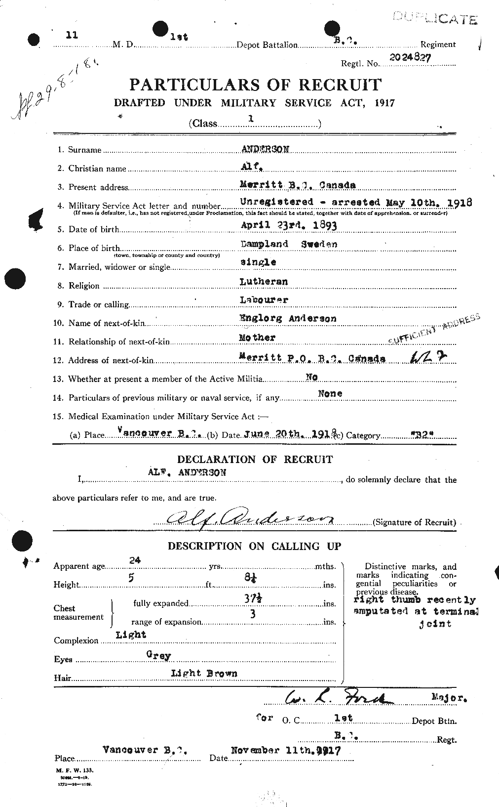 Dossiers du Personnel de la Première Guerre mondiale - CEC 209470a