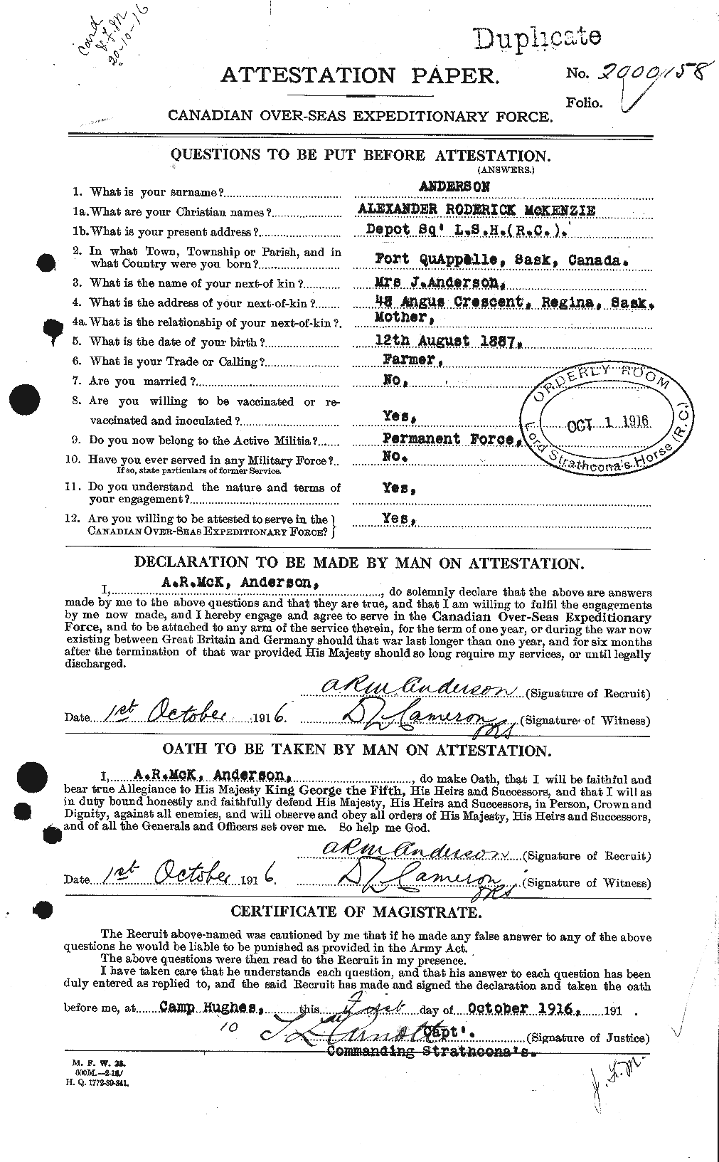 Dossiers du Personnel de la Première Guerre mondiale - CEC 209476a