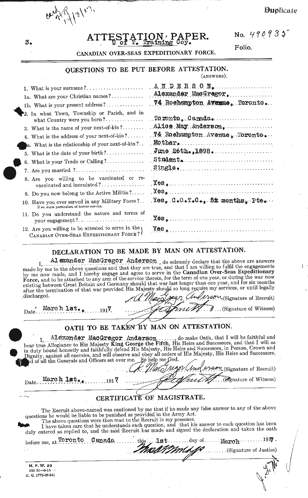 Dossiers du Personnel de la Première Guerre mondiale - CEC 209481a