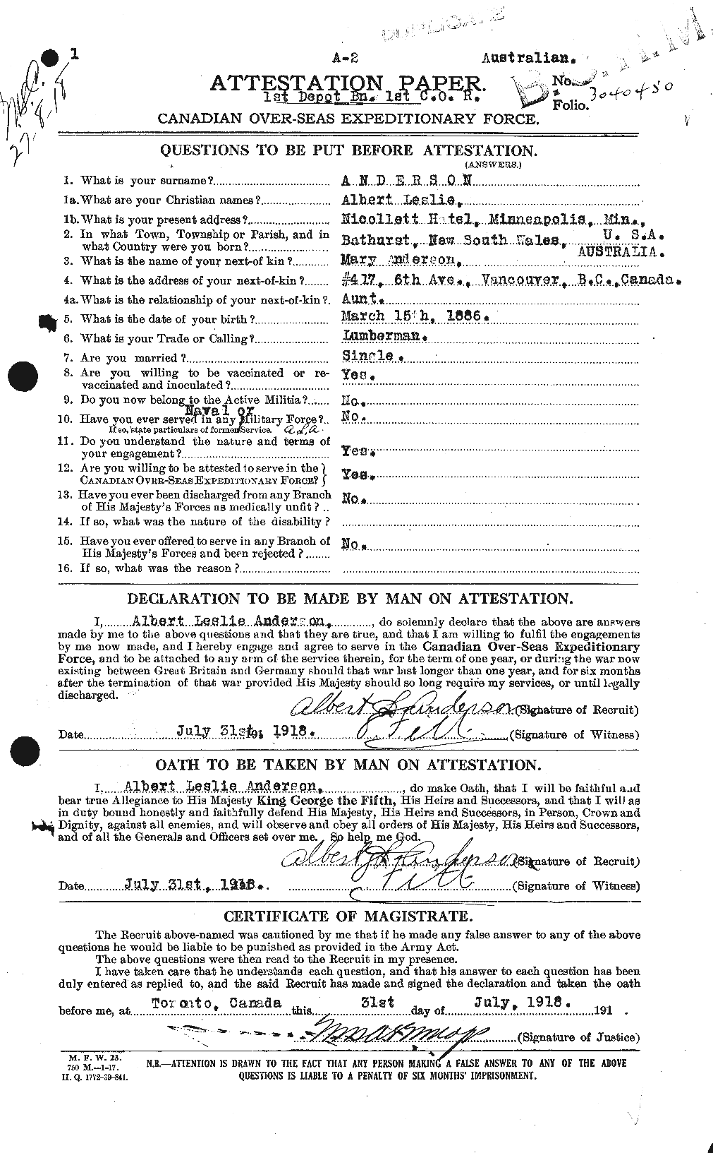 Dossiers du Personnel de la Première Guerre mondiale - CEC 209539a