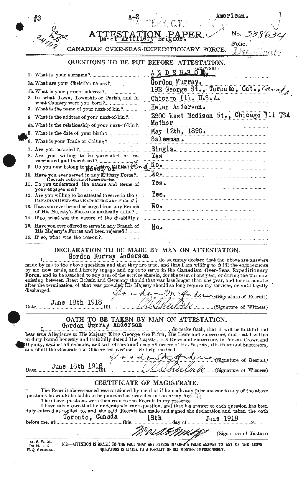 Dossiers du Personnel de la Première Guerre mondiale - CEC 209662a
