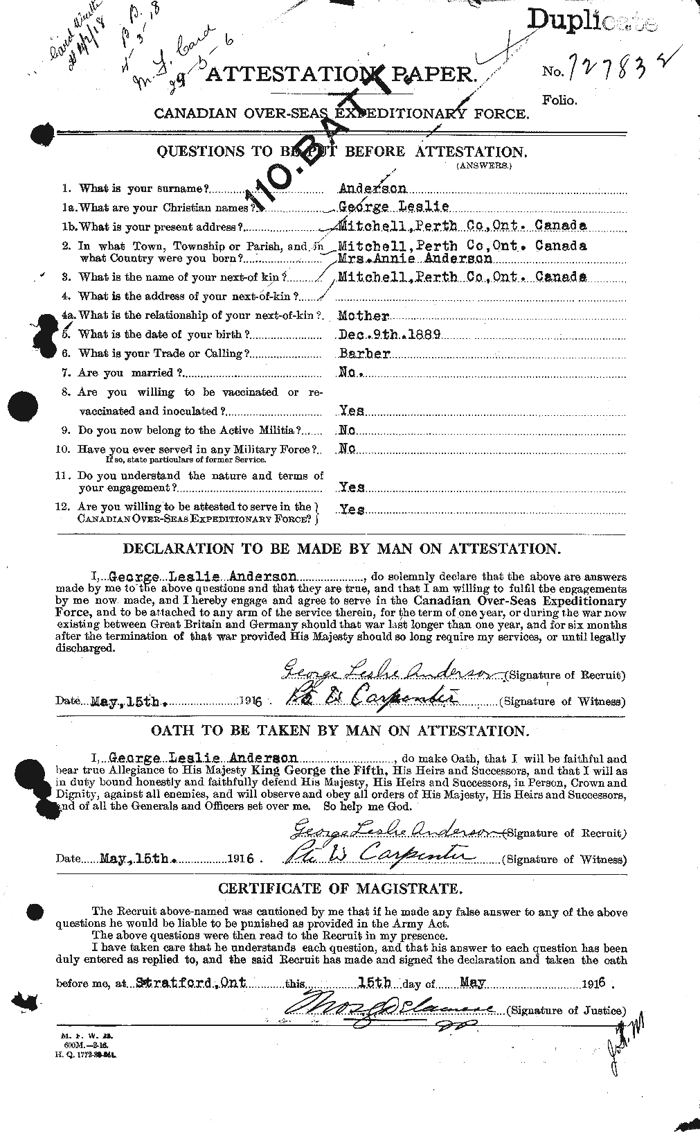 Dossiers du Personnel de la Première Guerre mondiale - CEC 209714a