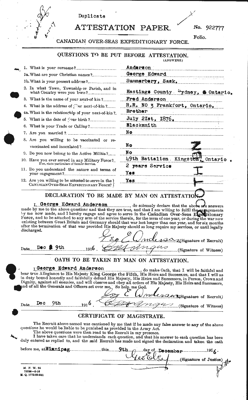 Dossiers du Personnel de la Première Guerre mondiale - CEC 209729a