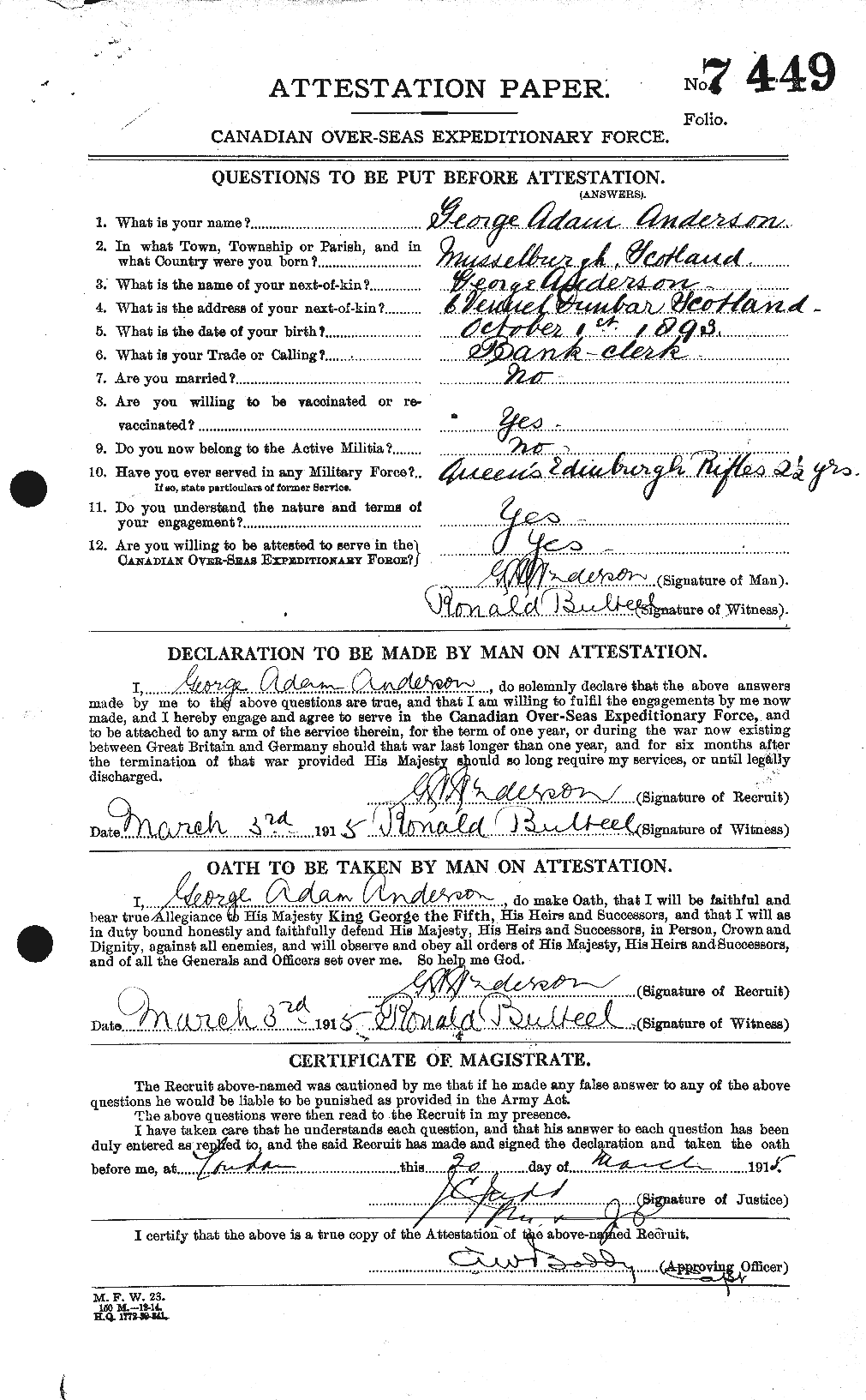 Dossiers du Personnel de la Première Guerre mondiale - CEC 209746a