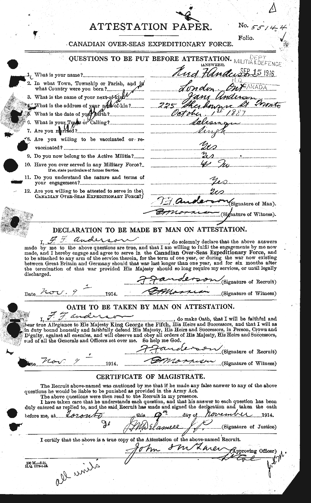 Dossiers du Personnel de la Première Guerre mondiale - CEC 209834a