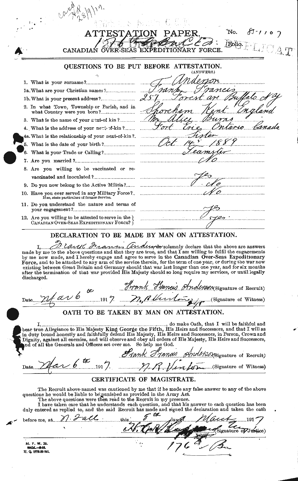 Dossiers du Personnel de la Première Guerre mondiale - CEC 209849a