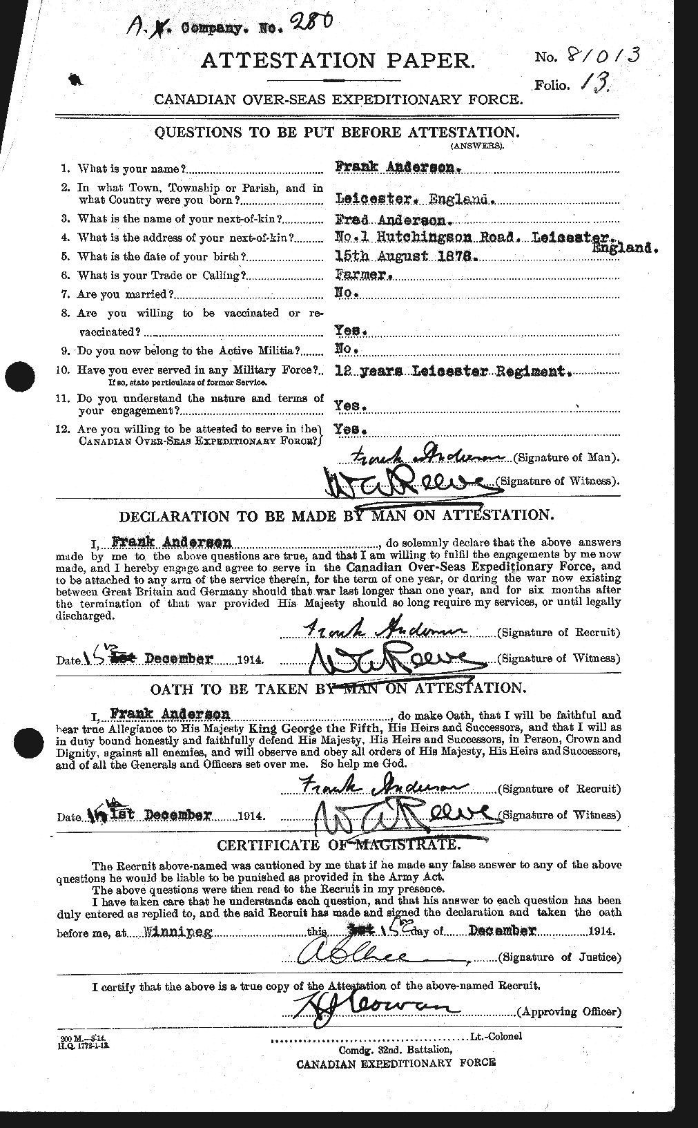 Dossiers du Personnel de la Première Guerre mondiale - CEC 209854a