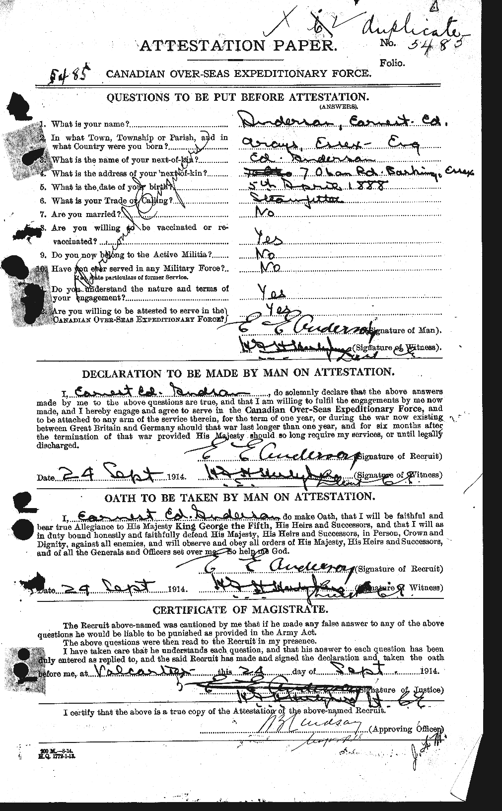 Dossiers du Personnel de la Première Guerre mondiale - CEC 209887a